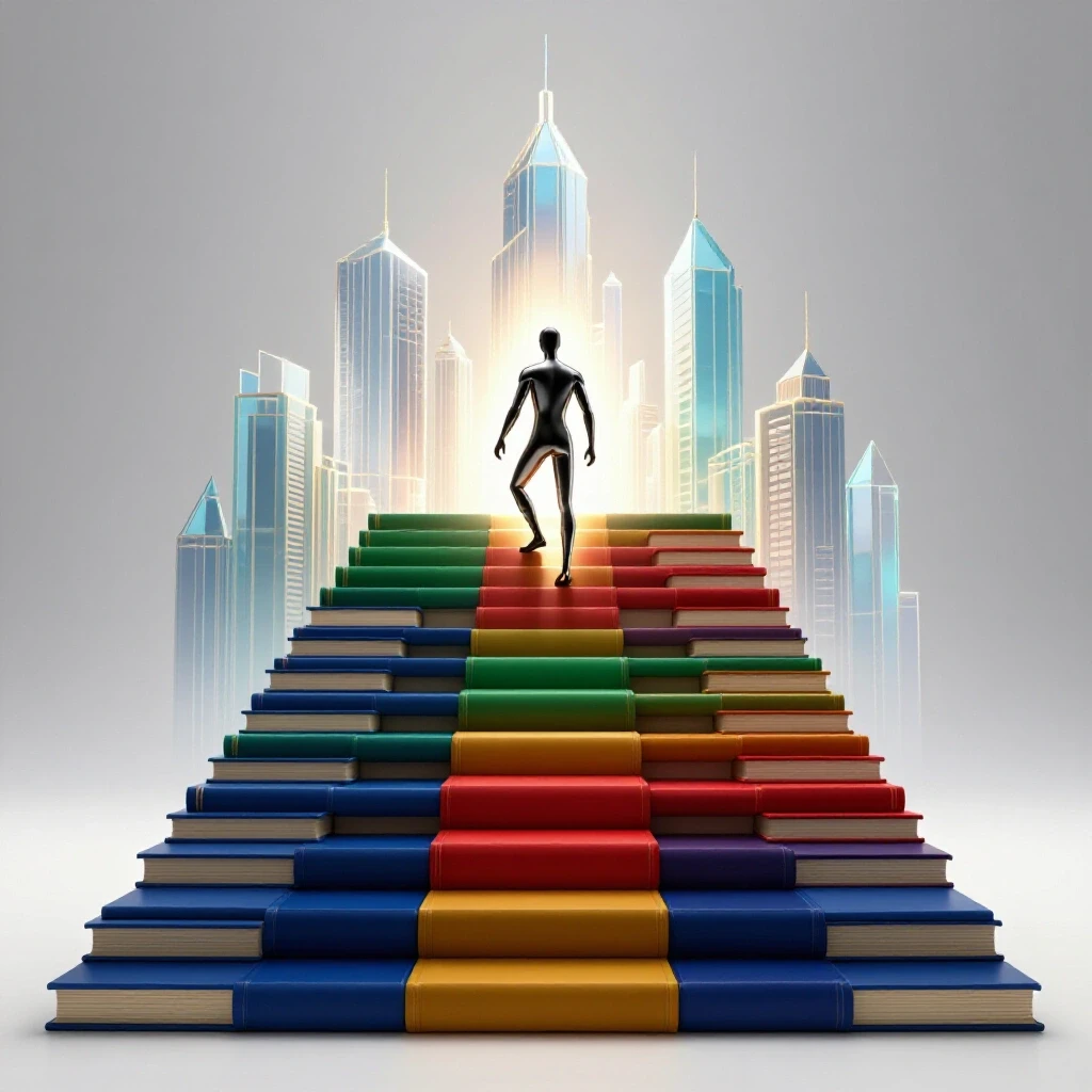 An abstract figure climbs a staircase made of vibrant books toward a radiant futuristic city skyline.