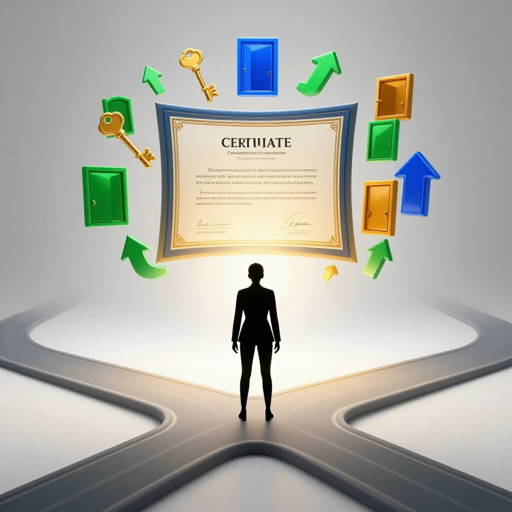 A centered crossroads splits to a glowing certificate with keys and doors, the other fading into mist.