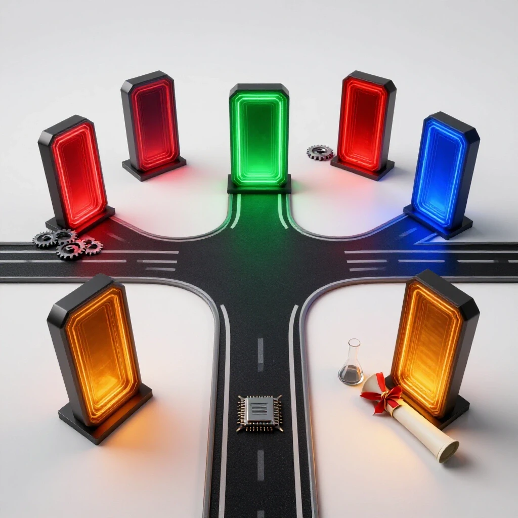 Multiple glowing industry portals at a crossroads, each colored for a different career pathway, against a bright background.