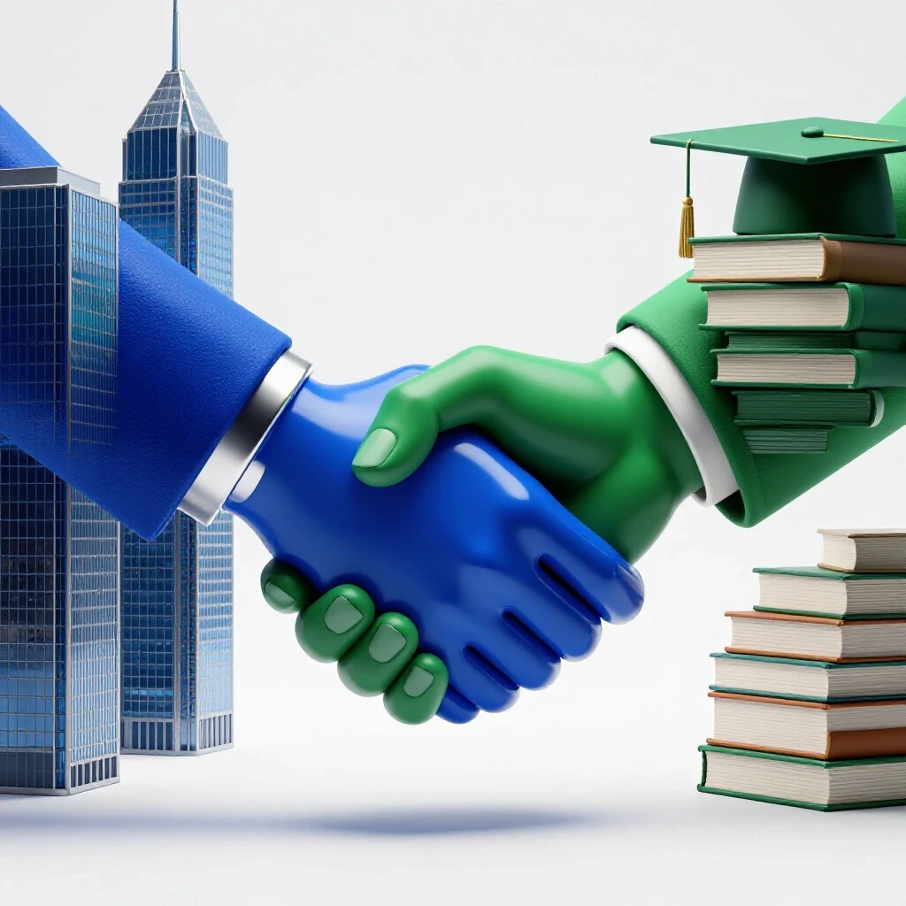 A dynamic handshake connects a modern corporate skyline with an academic campus, symbolizing industry and education synergy.