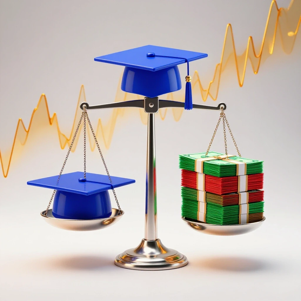 Balancing scale with graduation cap versus money bills against rising graph lines, symbolizing education costs versus returns.