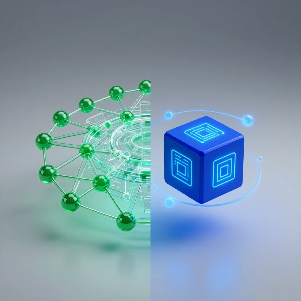 Split scene showing data networks and teamwork on one side, coding algorithms on the other, with vivid colors.