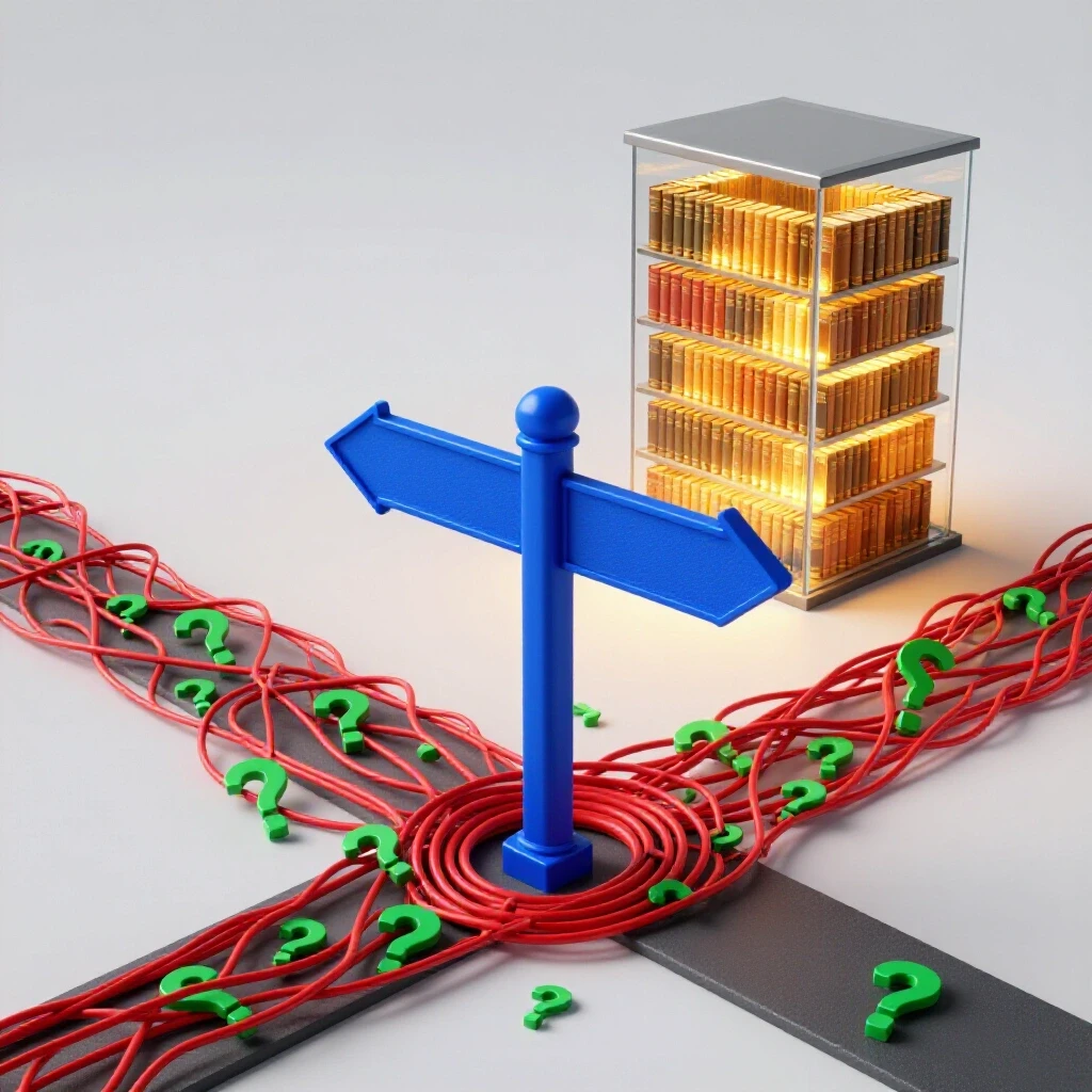 A crossroads with one path leading through tangled data and another toward an illuminated, organized library.