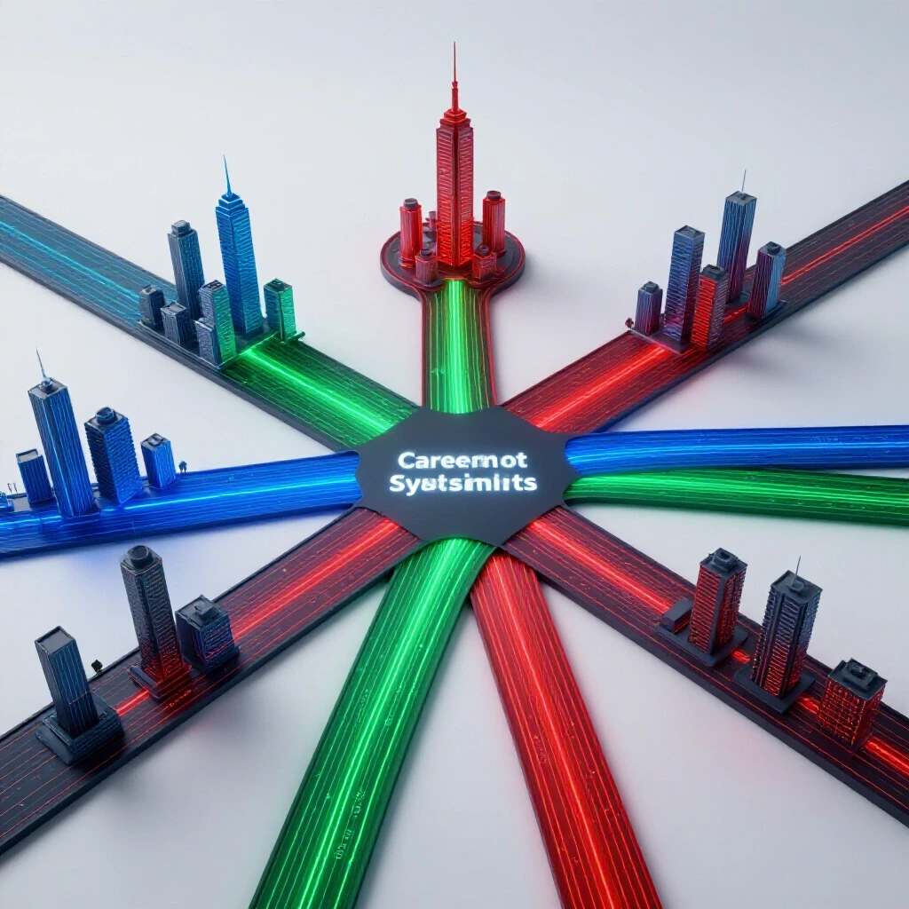 Central crossroads of vivid digital data streams branching into illuminated paths leading to futuristic cityscapes, symbolizing diverse information systems careers, on a bright studio background.