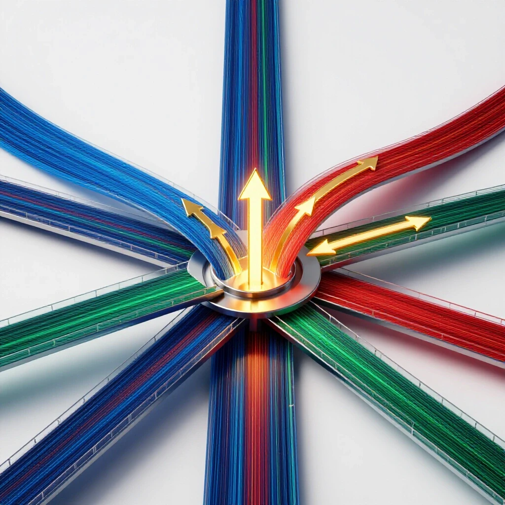 A luminous data stream meets a crossroads with multiple colorful paths, one glowing with upward golden arrows