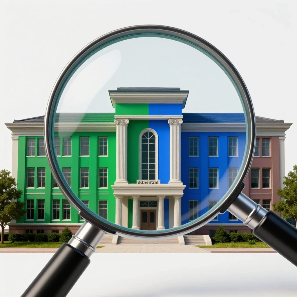 Magnifying glass examines a grand academic building against a split background of vibrant and dull colors.