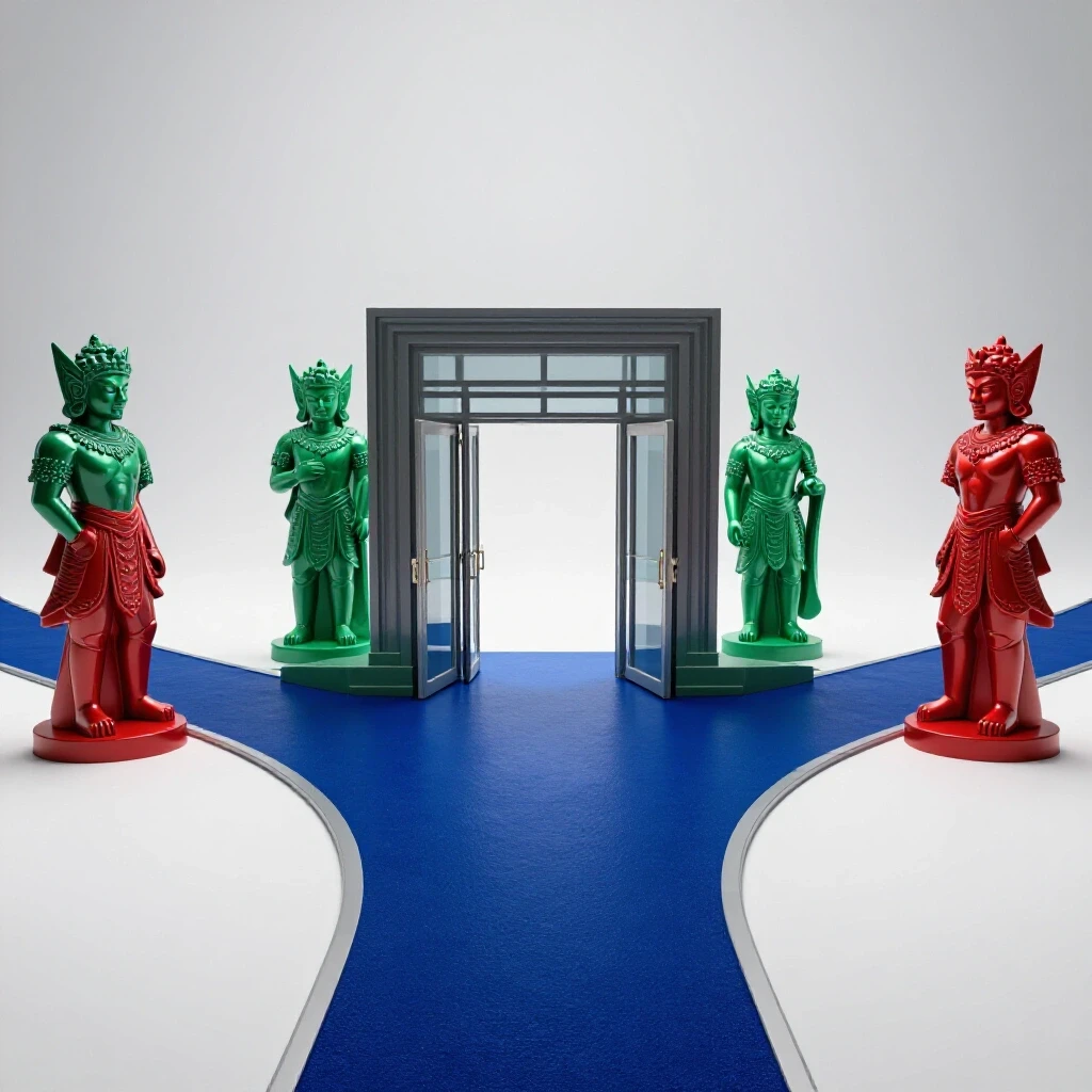 A crossroads scene with a vibrant blue path leading to an open door flanked by abstract supportive icons, set in a bright white studio.
