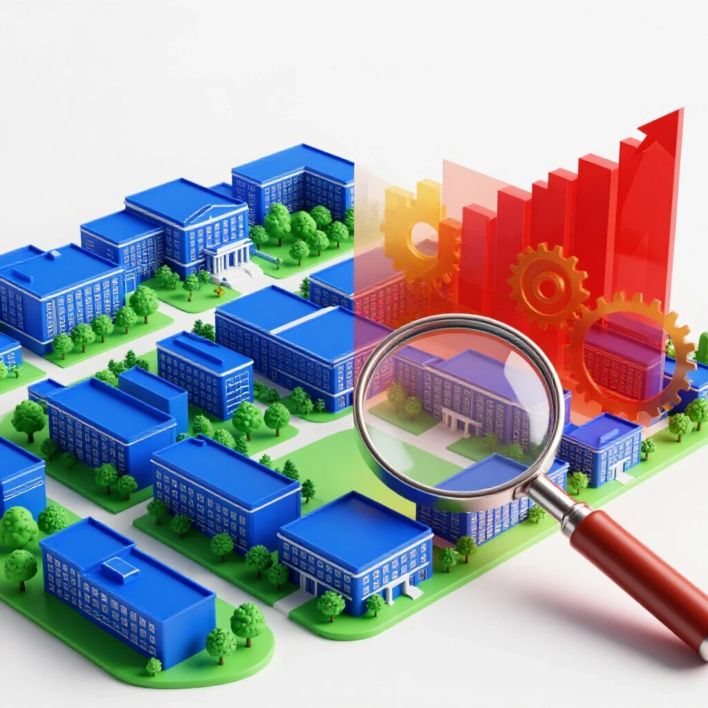Split-view image with a vibrant college campus on one side and transparent charts, gears, and a magnifying glass analyzing the campus on the other, set on a bright white background.