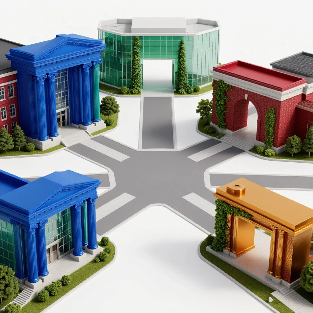 A crossroads connecting four distinctively styled campus entrances, each in bold, saturated colors, representing different college environments on a bright white background.