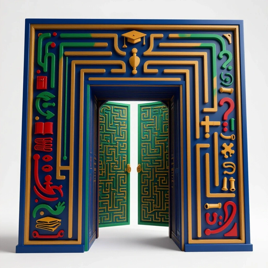 A majestic, color-rich academic gateway filled with swirling abstract education icons stands at a bright threshold.