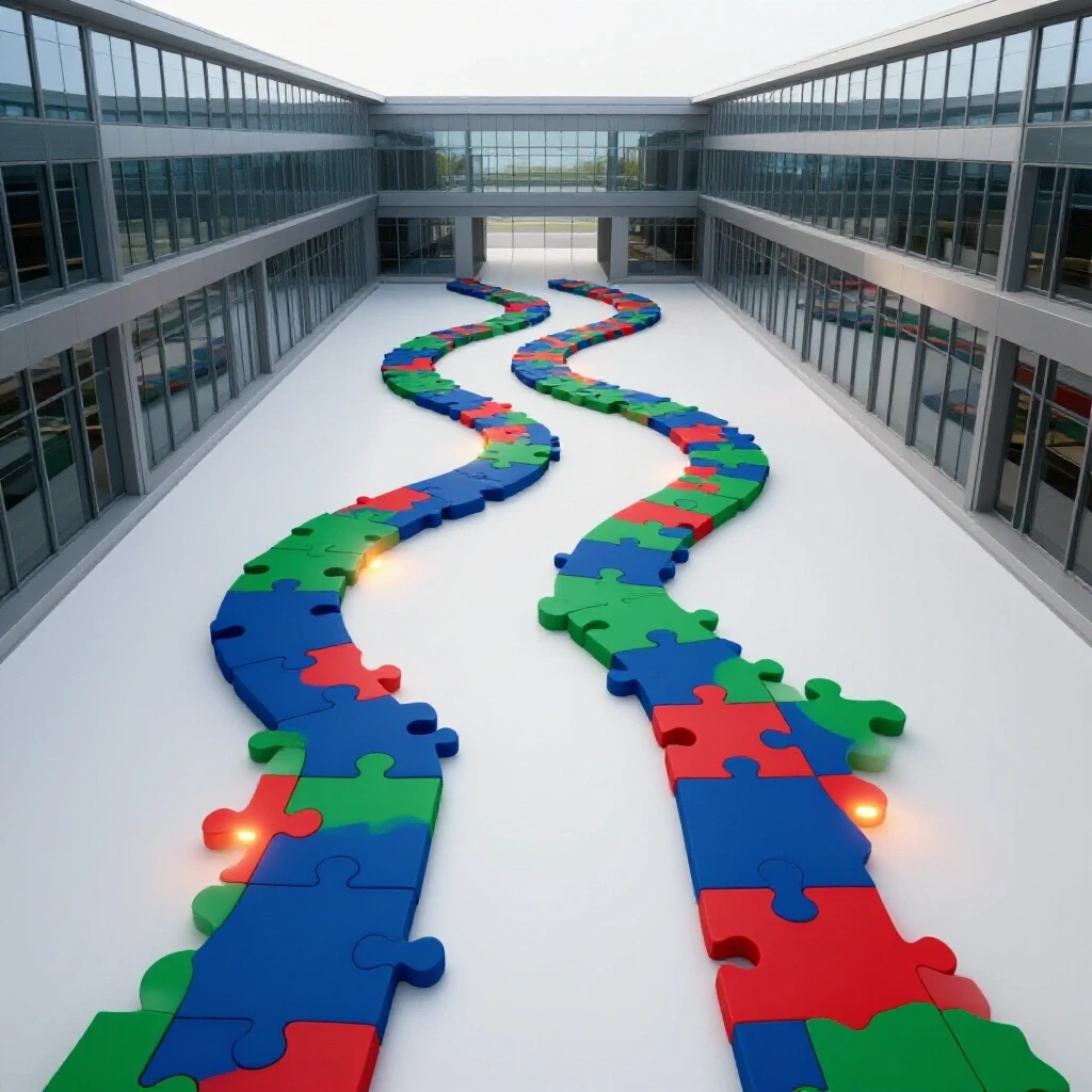 A central winding pathway of glowing puzzle pieces connects two vibrant academic buildings, symbolizing institutional decisions in education.