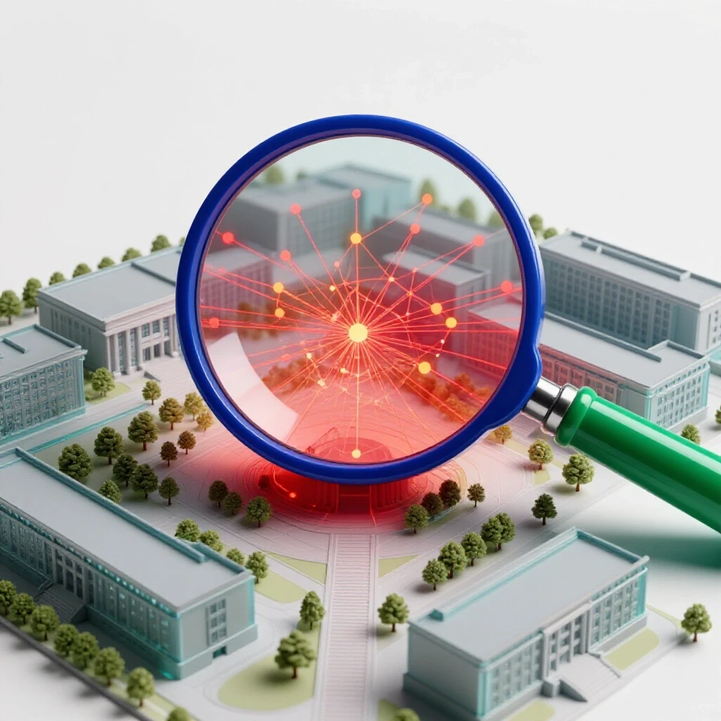 Magnifying glass focusing on vibrant data web overlaying a university campus in a bright studio setting.