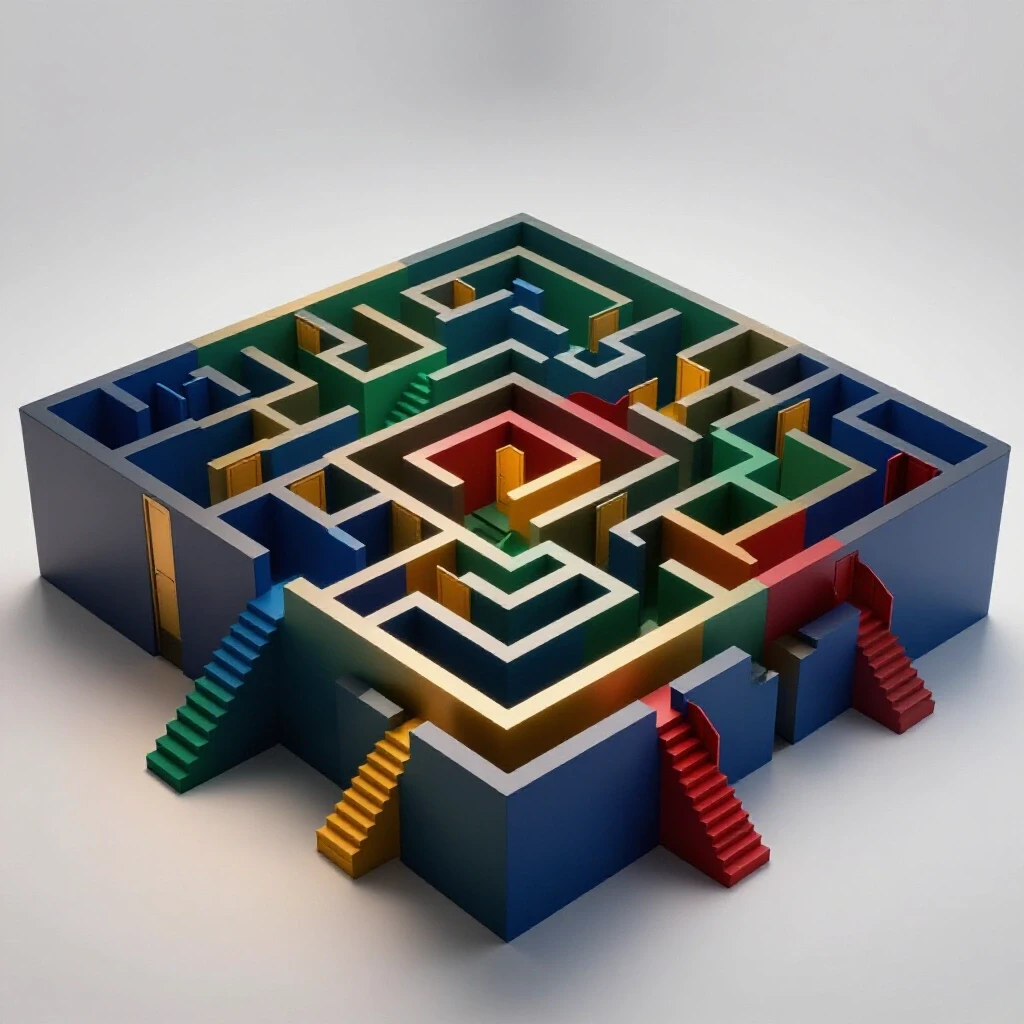 Intricate maze of colorful staircases and doorways symbolizing diverse educational pathways, set against a radiant white background.