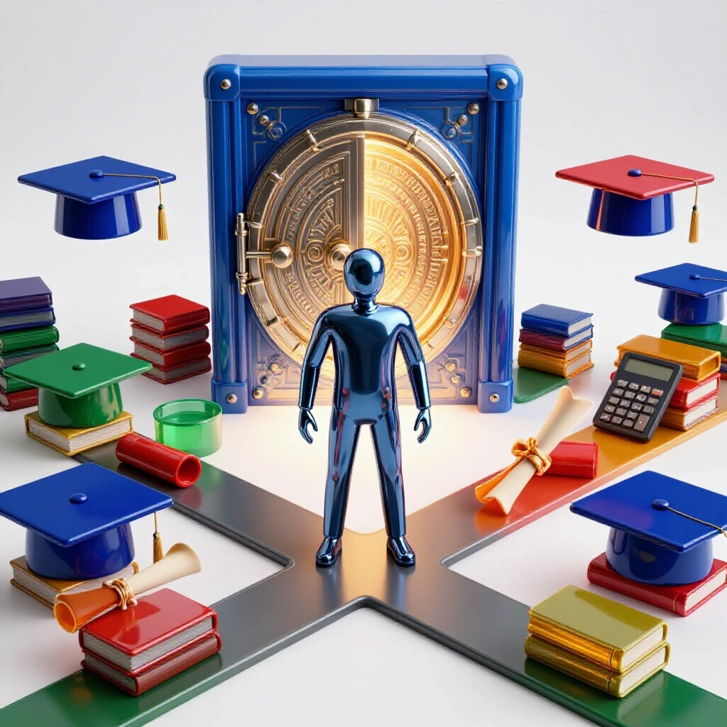 A faceless metallic figure stands confidently at a crossroads lined with vivid academic symbols, facing a glowing vault.