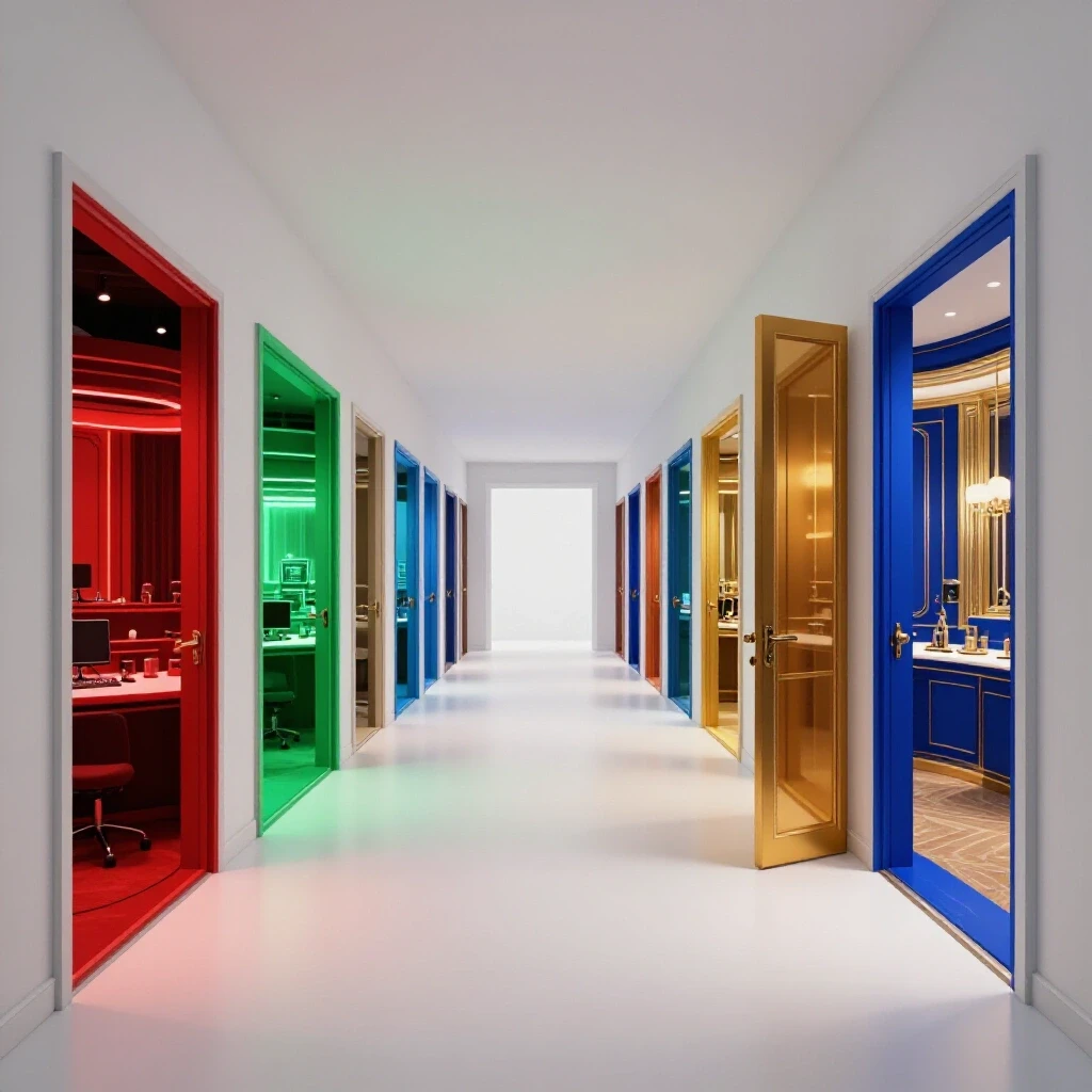 Bright hallway with multiple open doors, each showing a unique, colorful career workspace beyond.
