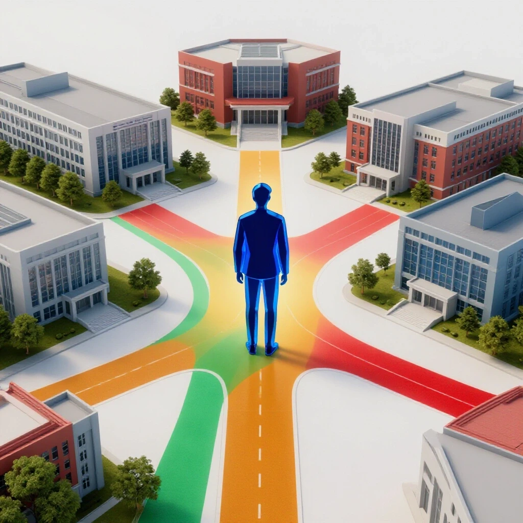 A stylized student silhouette stands at the center of diverging colored paths, leading to vibrant campus buildings.