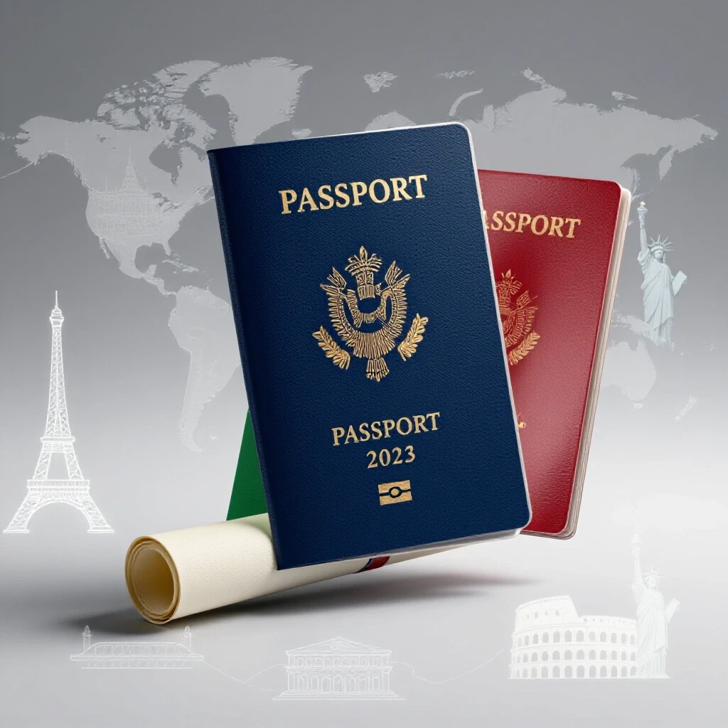 A passport seamlessly morphs into a diploma amid global landmark silhouettes on a bright background.