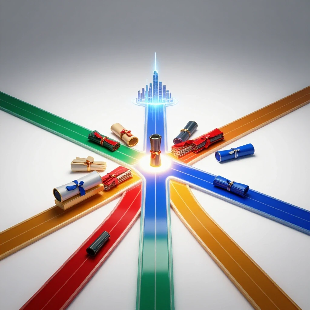 Glowing diplomas from multiple countries converge at a crossroads leading toward a luminous city skyline.