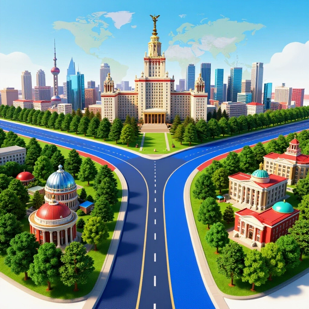 Two vibrant pathways at a crossroads, one leading to a grand global university, the other to a local institution, set on a bright background.