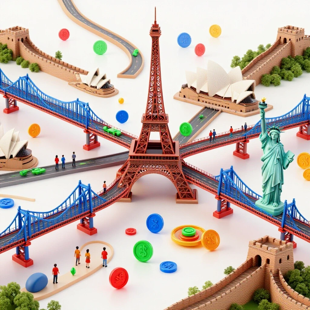 Vivid bridges linking iconic world landmarks with colorful tokens symbolizing student journeys, set against a bright white background.