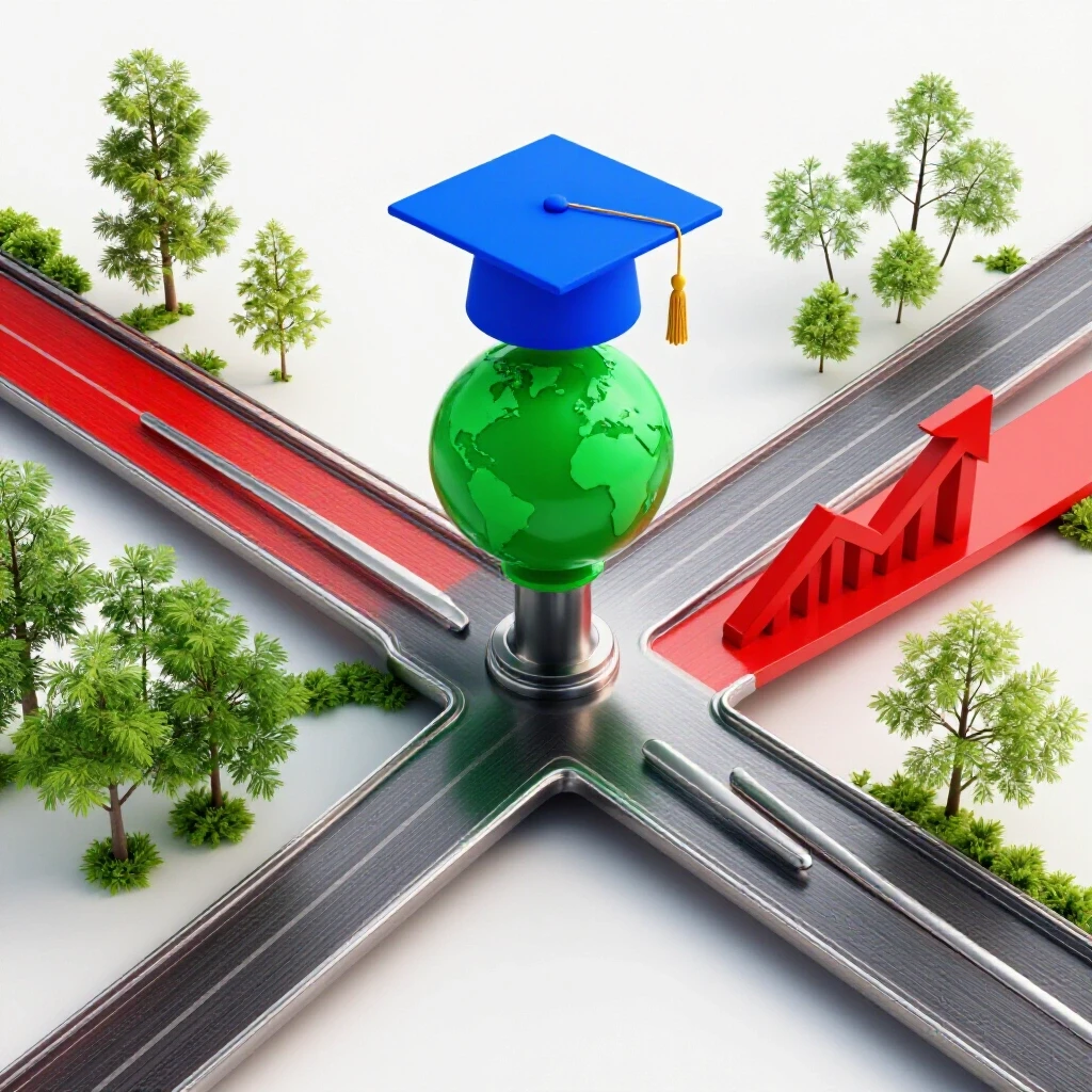 A crossroads with glossy paths branching to a graduation cap, globe, and rising graph on a bright background.