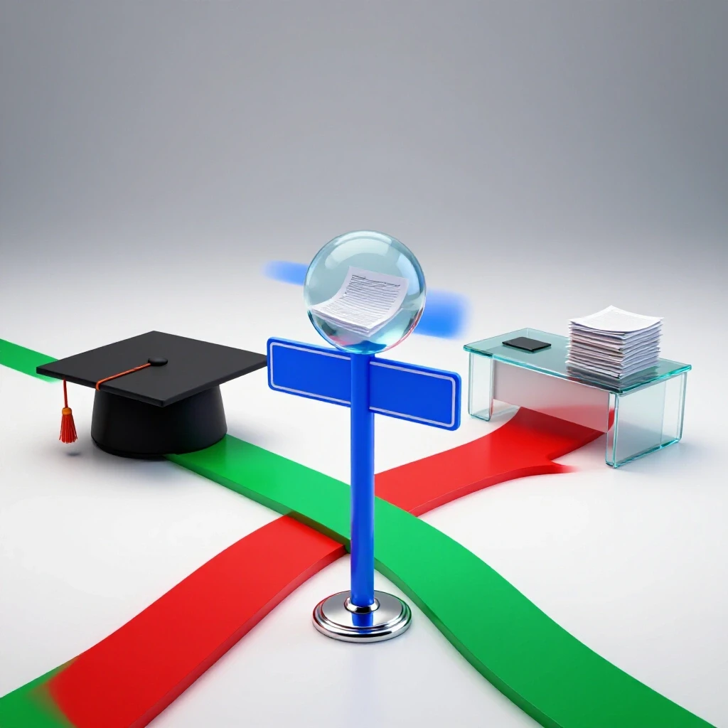 A crossroads sign with two colored paths leading to a graduation cap and a modern office desk, symbolizing internship credit choices.
