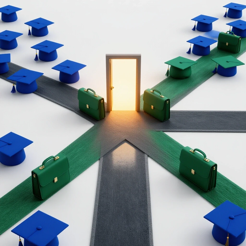 A crossroads with graduation caps and briefcases leading to a glowing doorway symbolizing career choices and opportunity.