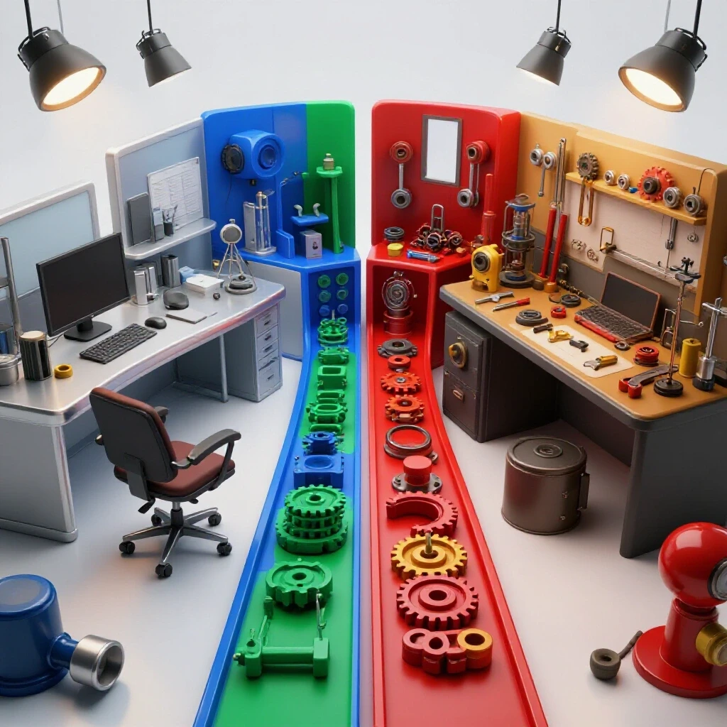 Split path image contrasting a vibrant modern business office workspace with a dynamic technical workshop bench, set against a bright background.