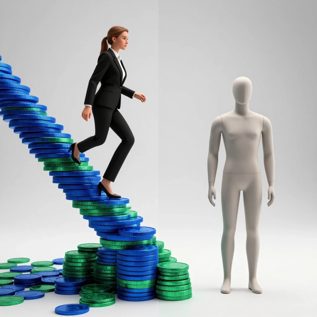 Split scene with one figure climbing glossy colored coin steps and another standing still below, symbolizing career growth differences.