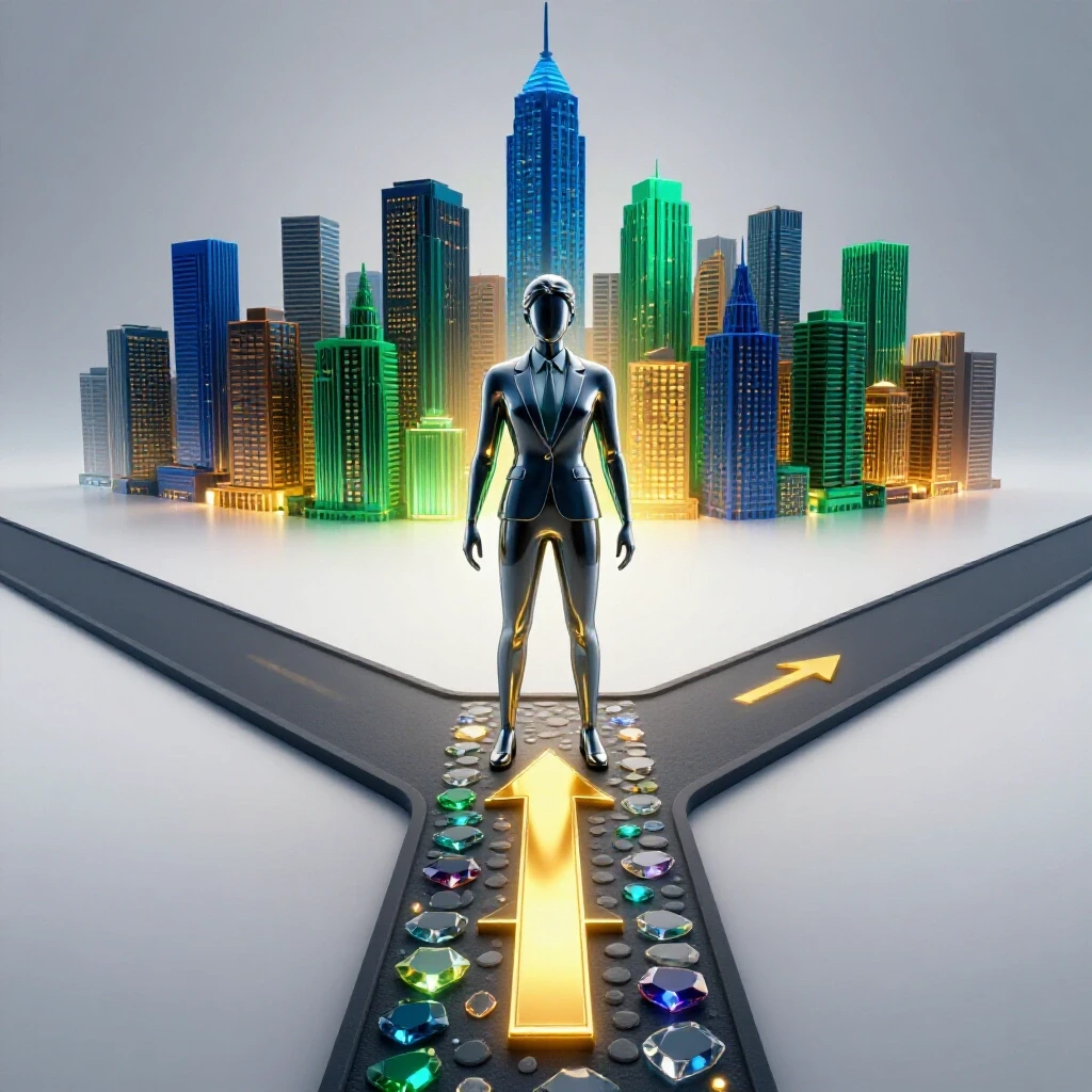 A metallic professional figure stands at a crossroads with a glowing path of stepping stones leading to a bright city skyline.