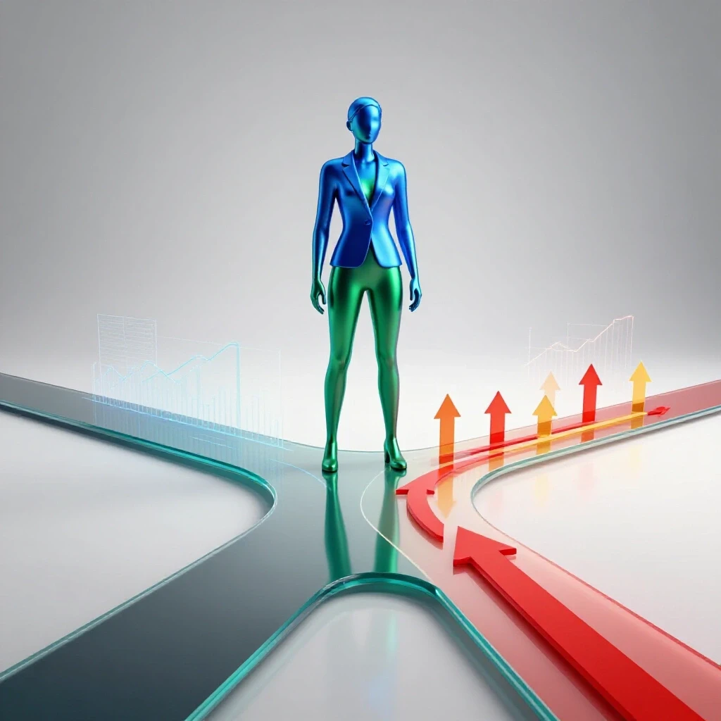 Abstract professional at a forked path with vibrant arrows and subtle data graphs, symbolizing internships impacting starting salary.