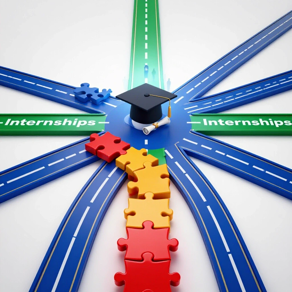 A crossroads with glossy puzzle piece paths merging into vibrant roads, graduation cap and diploma at center, symbolizing transition from internships to a professional career.