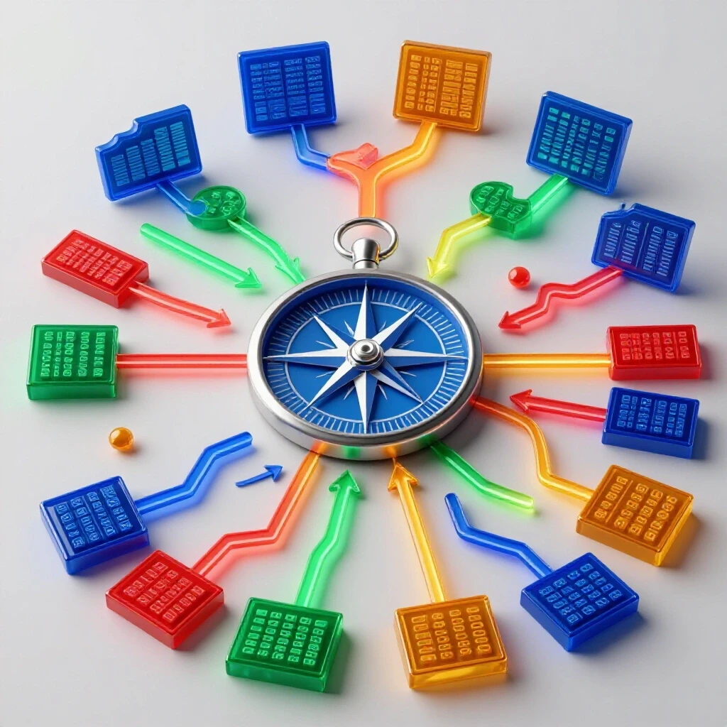 Glossy compass and vibrant floating data charts morphing into illuminated career paths on bright background.