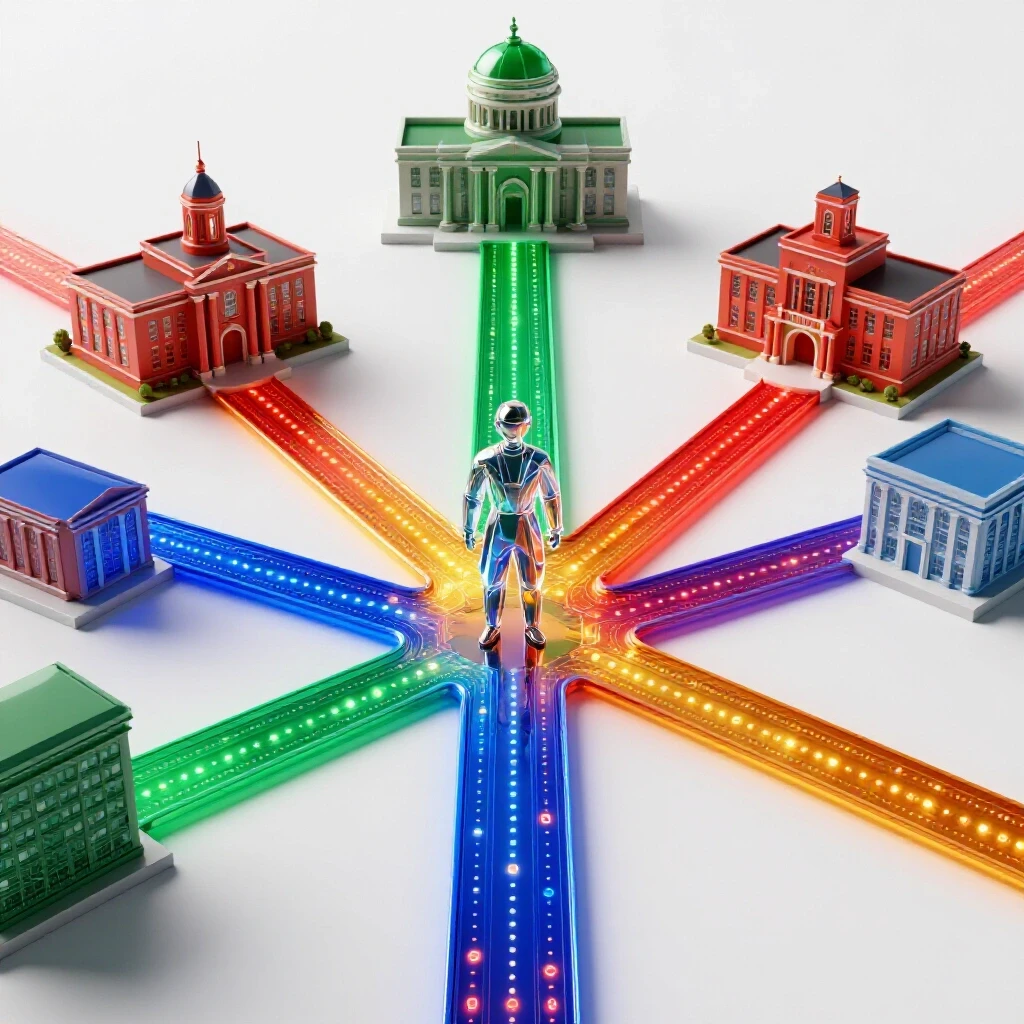 Abstract geometric researcher at intersecting glowing data paths leading to academic buildings on a bright background.