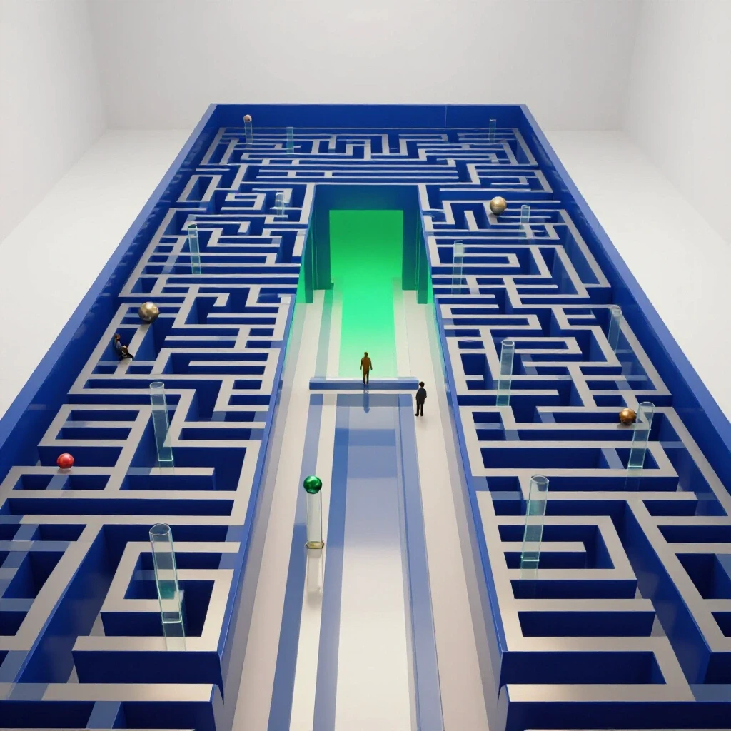 A luminous maze with glossy blue walls, semi-transparent barriers, and glowing exit symbolizing IRB approval process.