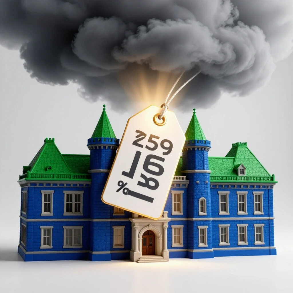 A bright studio scene featuring an iconic Irish university building with an oversized price tag under stormy clouds and a hopeful beam of light.