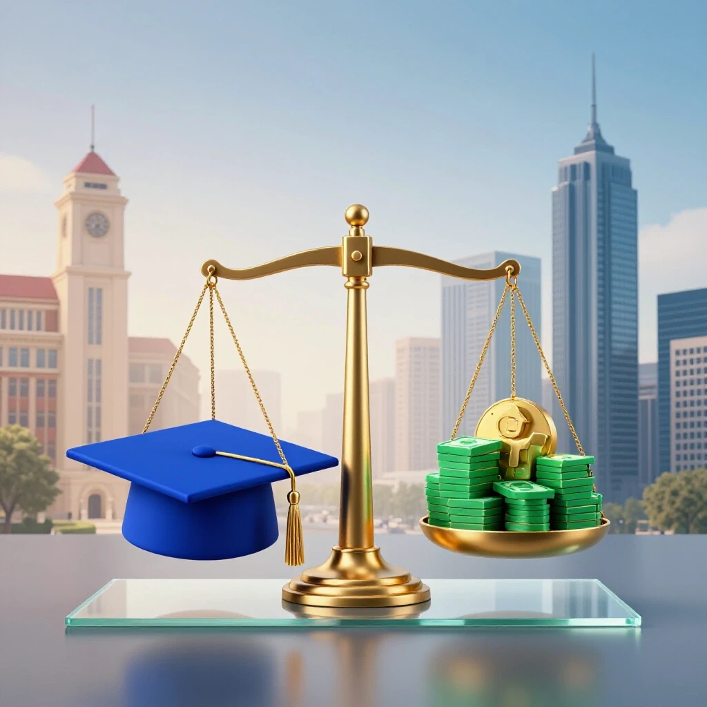 Balanced scale showing a graduation cap against cash and career icons, blending academic and career backdrops.