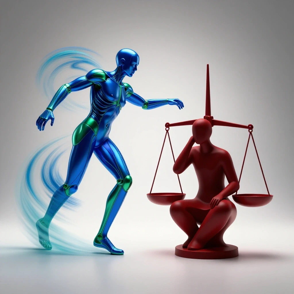Dynamic split scene of an anatomical figure in motion and an abstract weighing scale, symbolizing kinesiology degree choices.