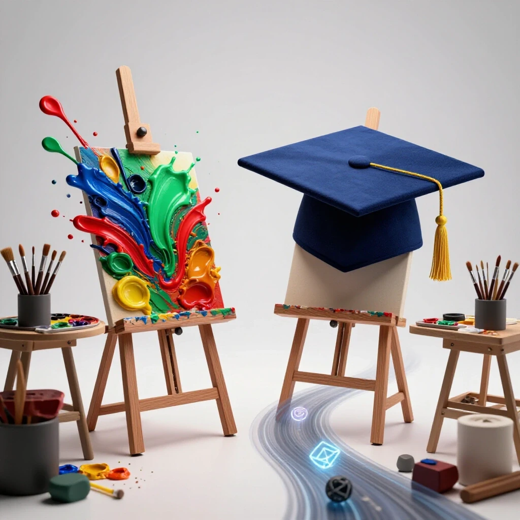 Split scene with vibrant artist's workspace and graduation cap on easel, path blending opportunities and doubts.