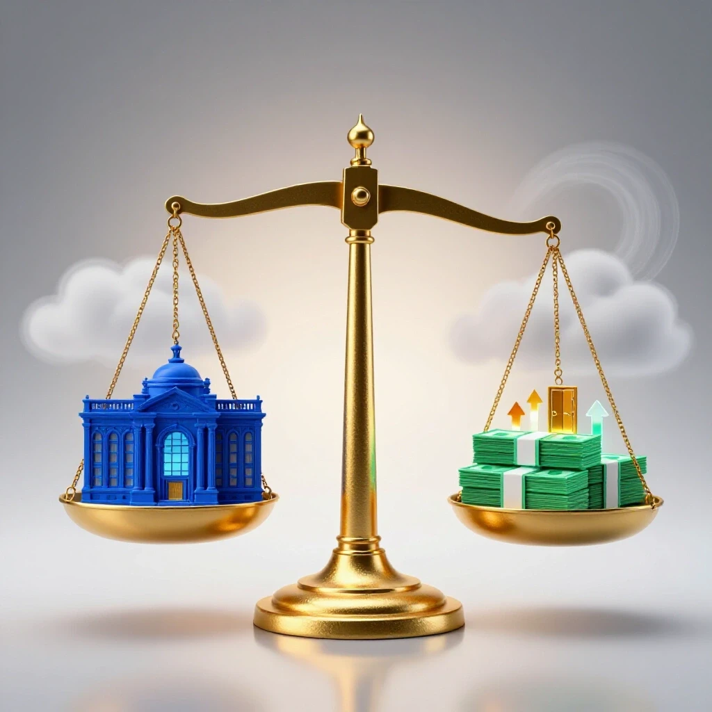 Golden scale balances a blue university building against money and open opportunity symbols on a bright, clouded background.