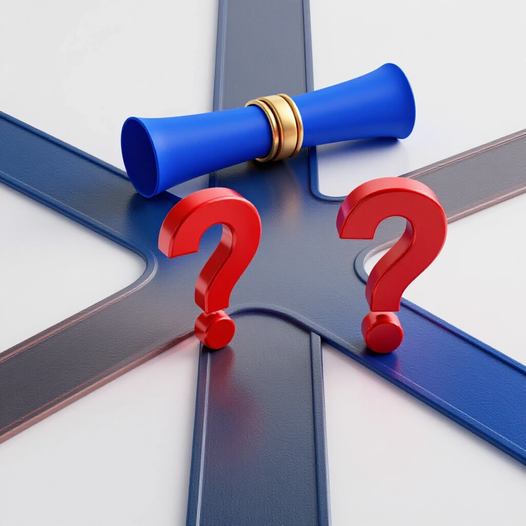 Colorful crossroads with paths leading to a diploma symbol and a question mark signpost on a bright background.