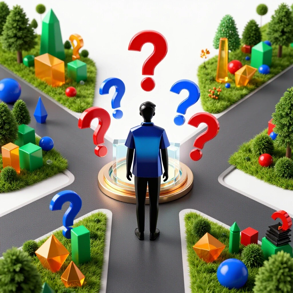 A crossroads with a glowing degree on a pedestal and vibrant symbols of opportunity on each path