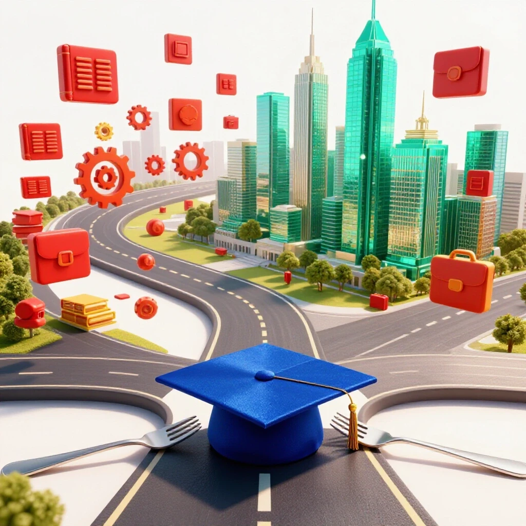 Forked path with graduation cap at center, one side leading to a bright city skyline, the other to an open road with opportunity icons.