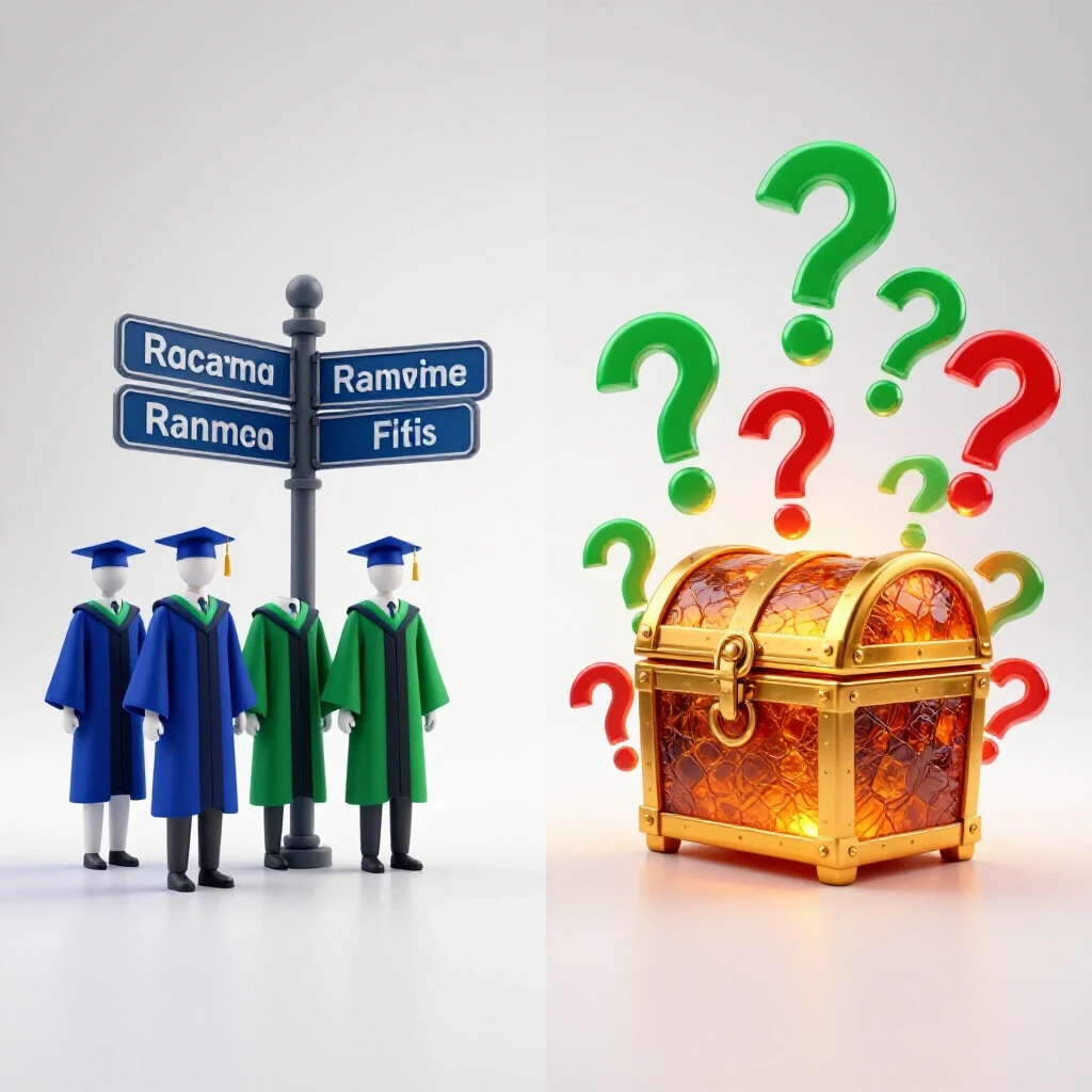 Split image with graduation attire at a crossroads and glowing treasure chest with question marks on white background.