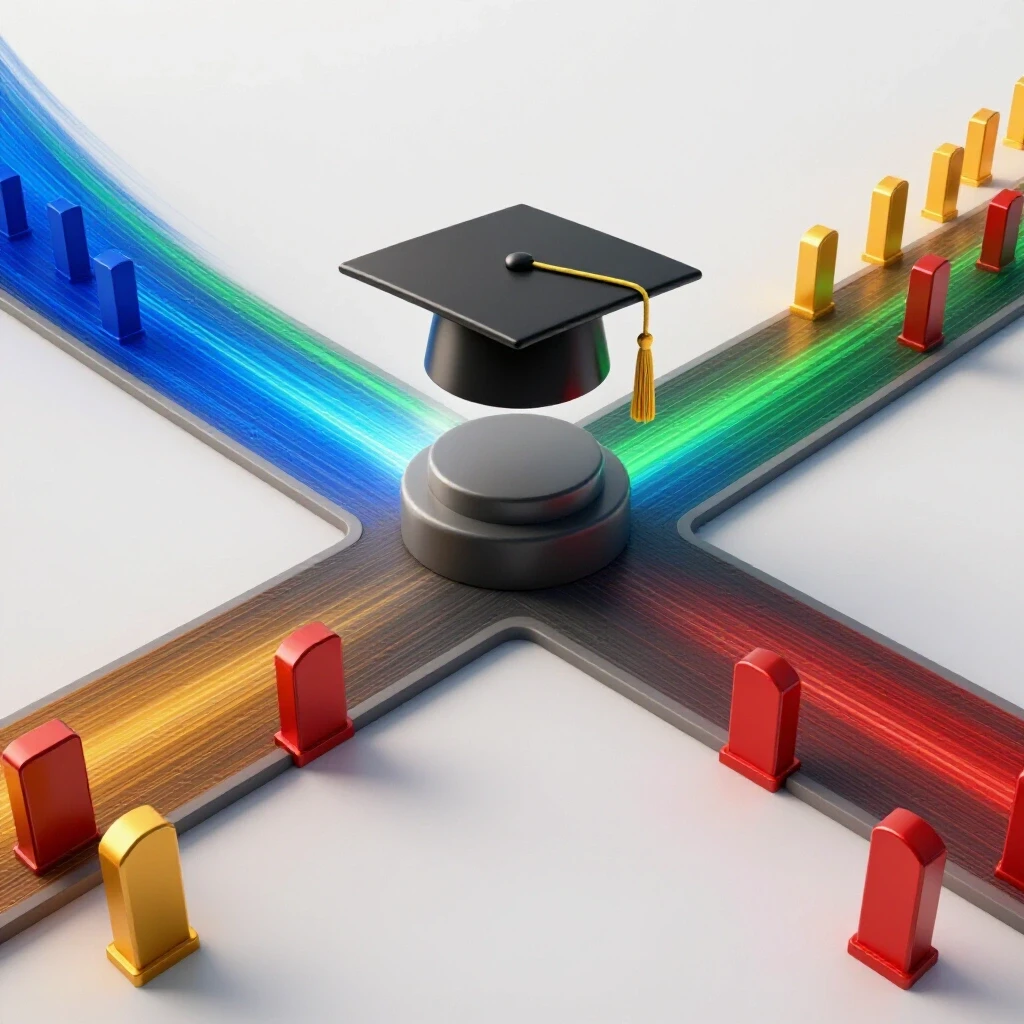 A shiny graduation cap at a crossroads, one path glowing with motion, the other marked by calm milestones.