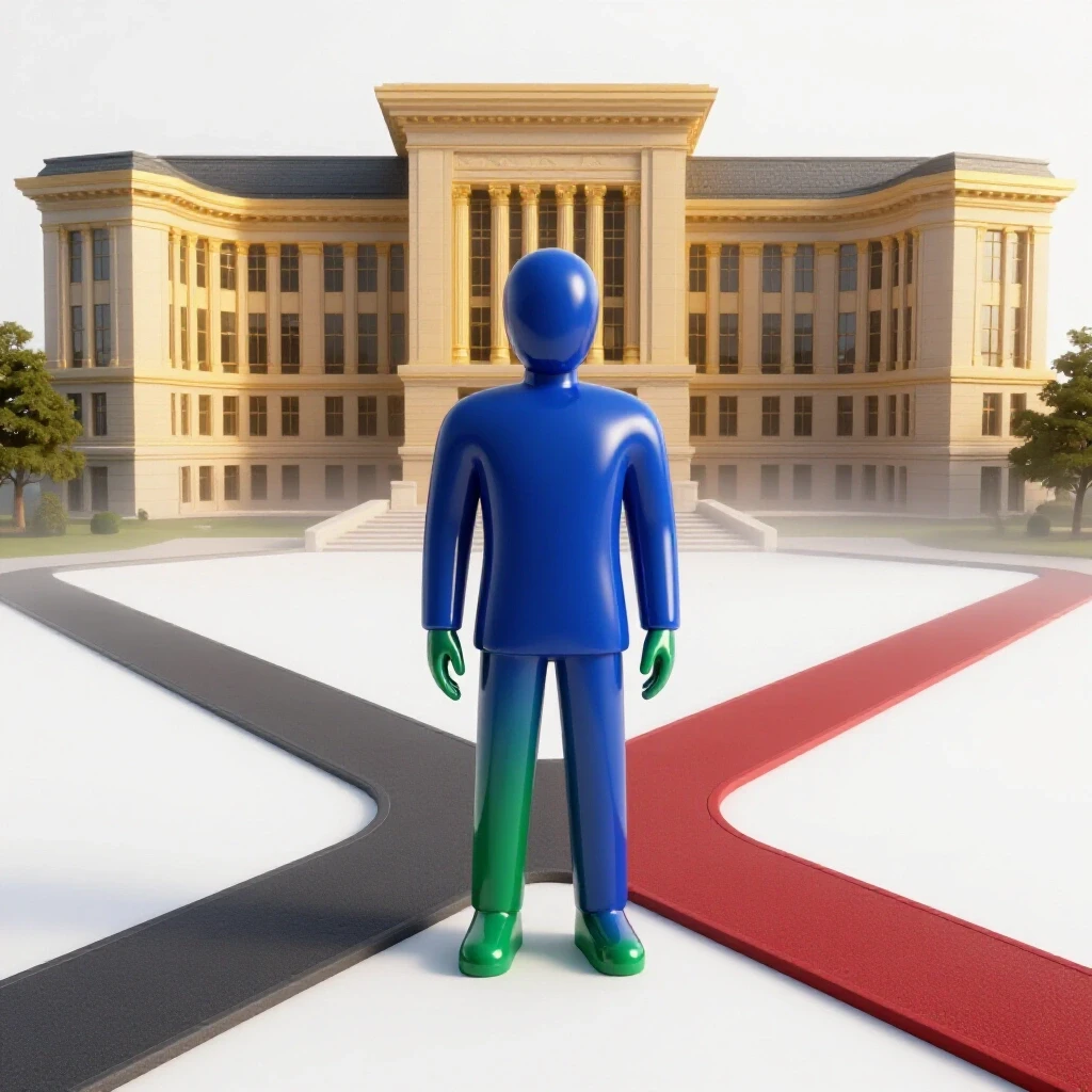 A confident figure stands at a crossroads, one path leading to a glowing academic building, the other fading into mist.