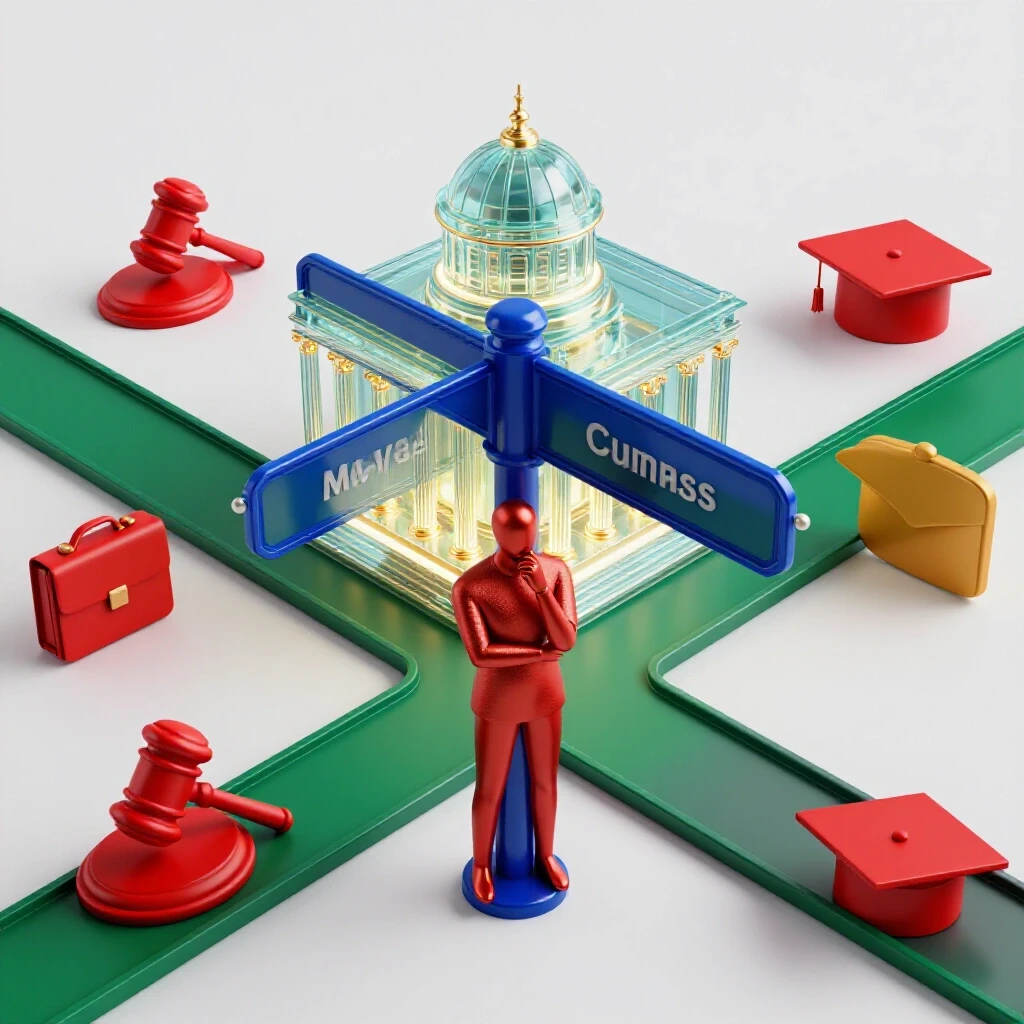 A crossroads signpost with paths leading to a glowing courthouse and career symbols, set on a bright background.