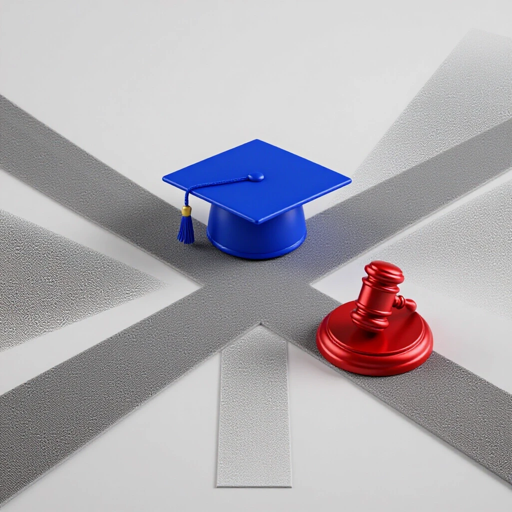 Crossroads scene with deep blue graduation cap and crimson judge's gavel on separate paths in bright studio lighting.