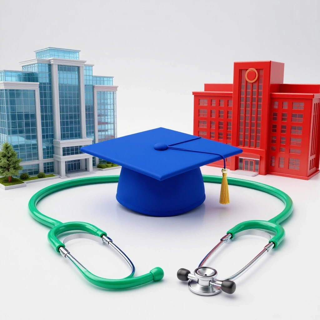 Graduation cap perched on a stethoscope splitting toward a university and a hospital building on a bright background.