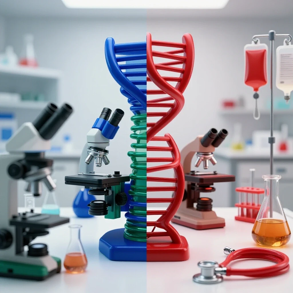 Split scene of vivid scientific lab equipment merging into medical tools, set on a bright white background.